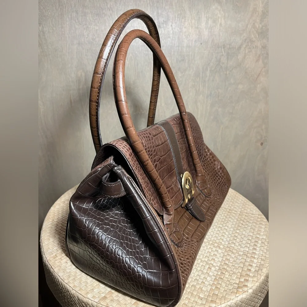 Loft Ann Taylor Brown Leather Faux Croc Handbag